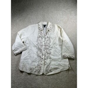 Carole Little Jacket Womens 1X White Linen Embroidered Beaded Long Sleeve Dressy